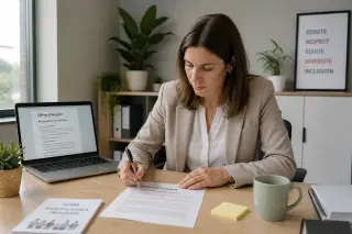 Responsable RH relisant une offre d’emploi à son bureau, corrigeant le texte avec concentration dans une ambiance professionnelle et neutre.