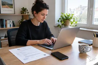 A micro-entrepreneur at a desk in a bright home office, working on a laptop with official documents and coffee on the table.