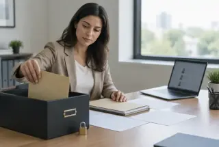 Professionnelle des ressources humaines classant des dossiers de candidature dans une boîte d’archives sécurisée, avec un ordinateur portable sur le bureau.